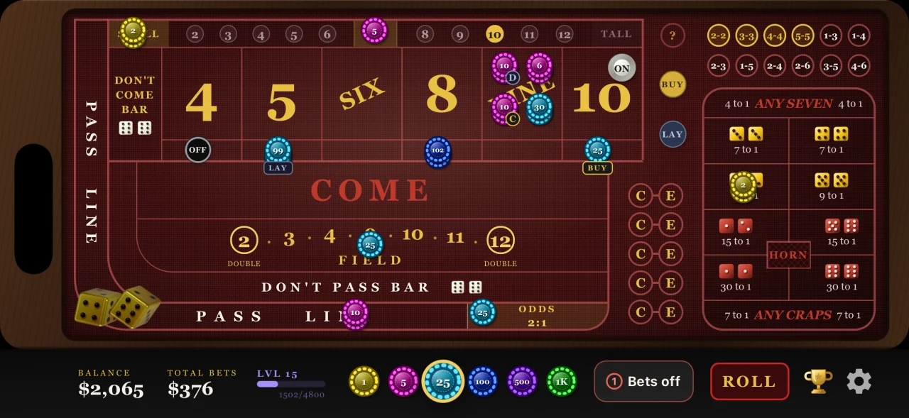 The bets panel on the Craps Royale table