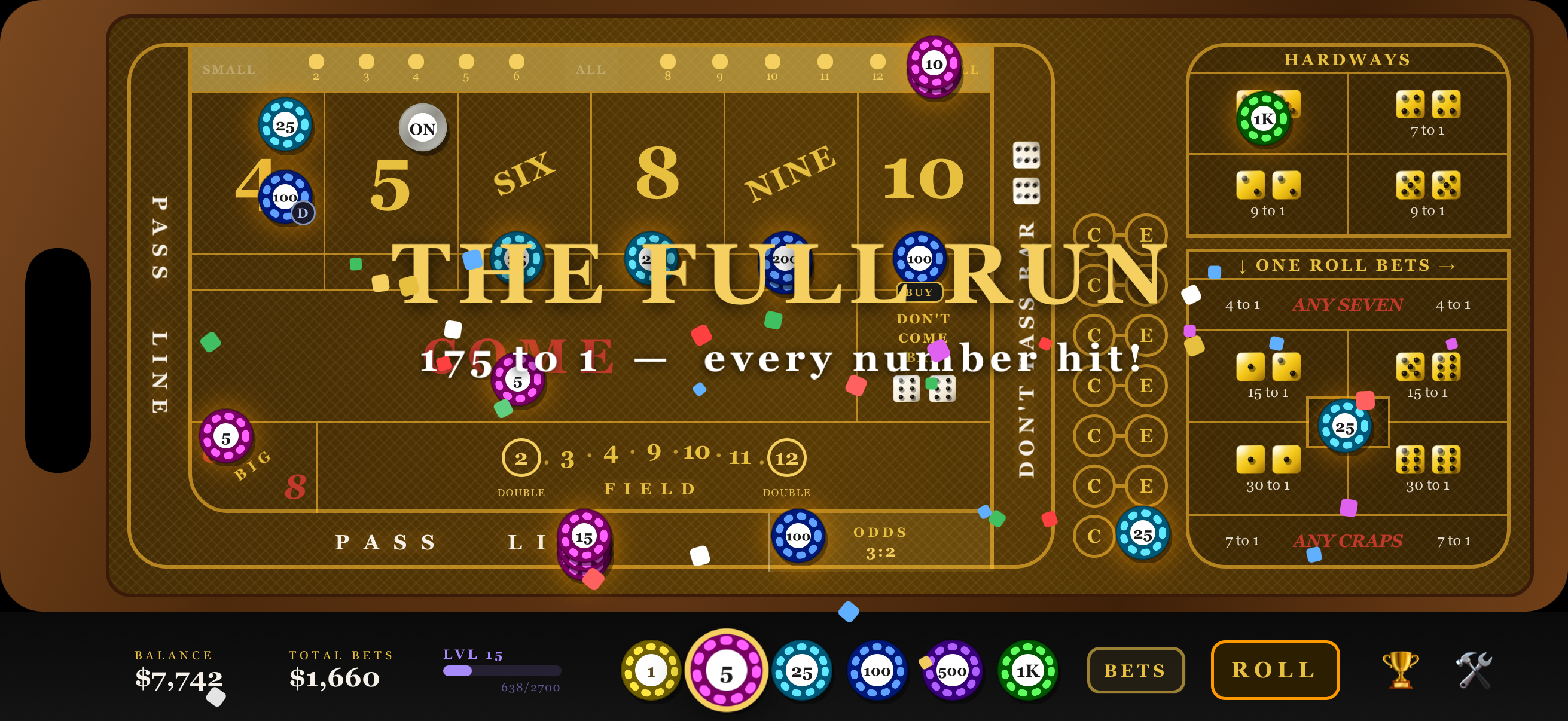 Craps Royale gameplay — landscape view of the felt table