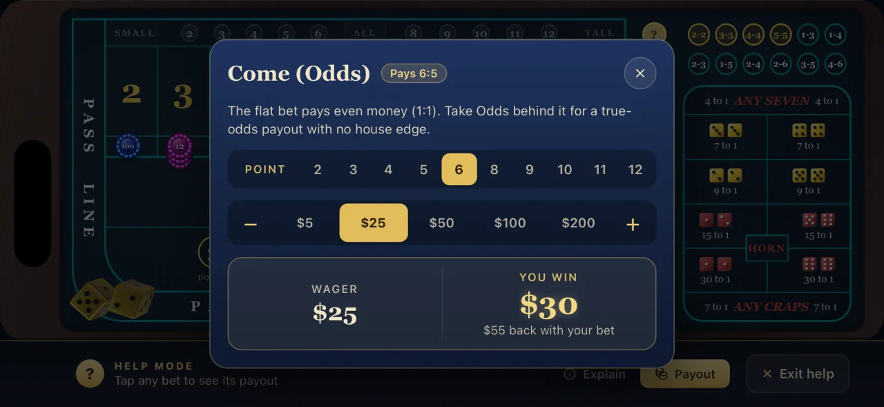 The payout help panel, showing payout ratio and house edge for a selected bet