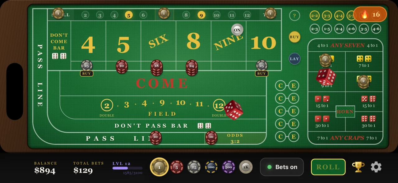 Craps Royale table, landscape view with 3D ivory dice on lit green felt